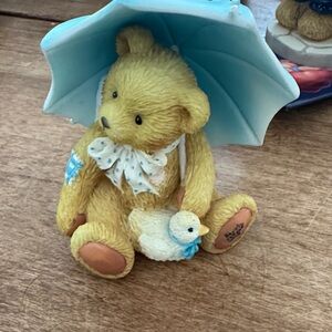 Charming Teddy Bear Figurine with Blue Umbrella
